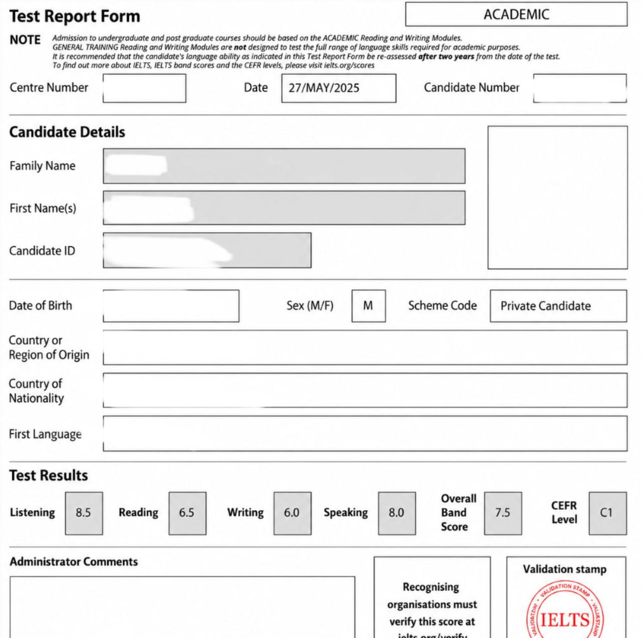 UK university admission case with IELTS academic results